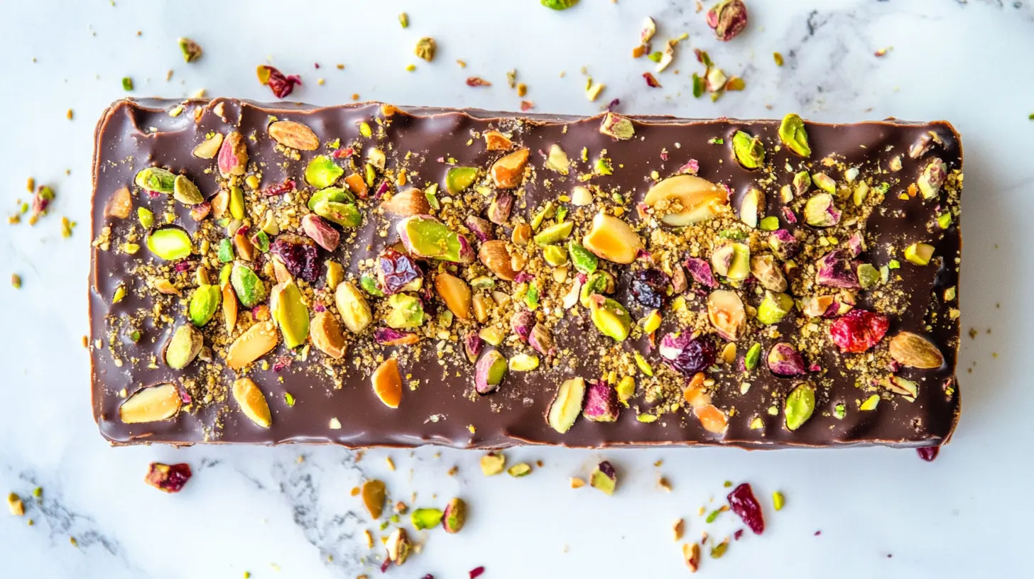 A sumptuous Dubai chocolate bar topped with pistachios, set against a unique backdrop.