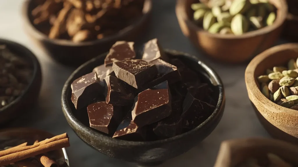 An assortment of high-quality ingredients for making a Dubai chocolate bar, including dark chocolate, spices, and nuts.