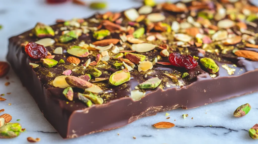 A freshly cut slab of Dubai chocolate bar on a wooden board, sprinkled with nuts and gold leaf