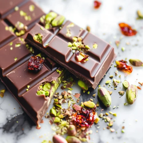 A sumptuous Dubai chocolate bar topped with pistachios, set against a unique backdrop.