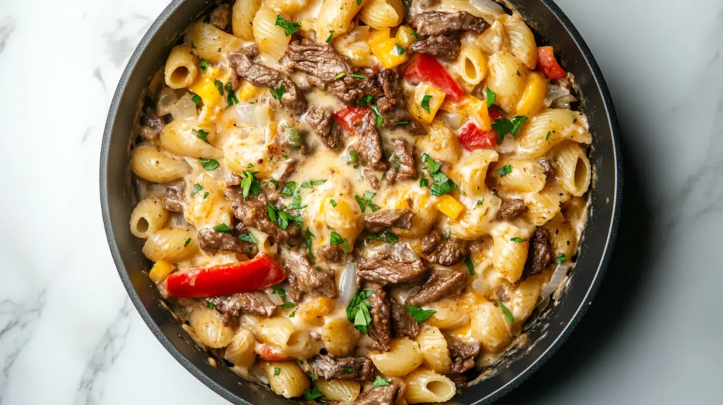 A bubbling skillet of creamy Philly cheesesteak pasta fresh off the stove.