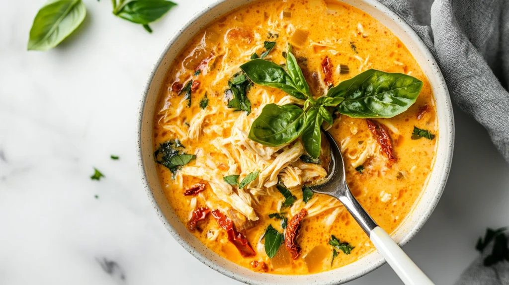 A ladle scooping creamy marry me chicken soup with sun-dried tomatoes and herbs