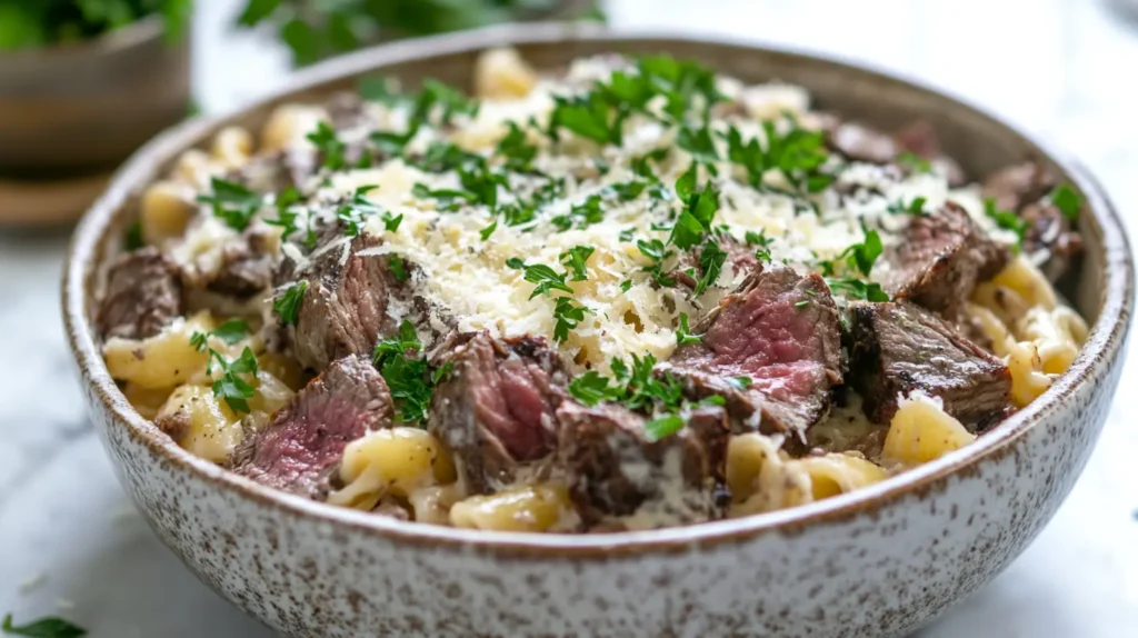 A large bowl of creamy steak pasta topped with fresh parsley and grated cheese.