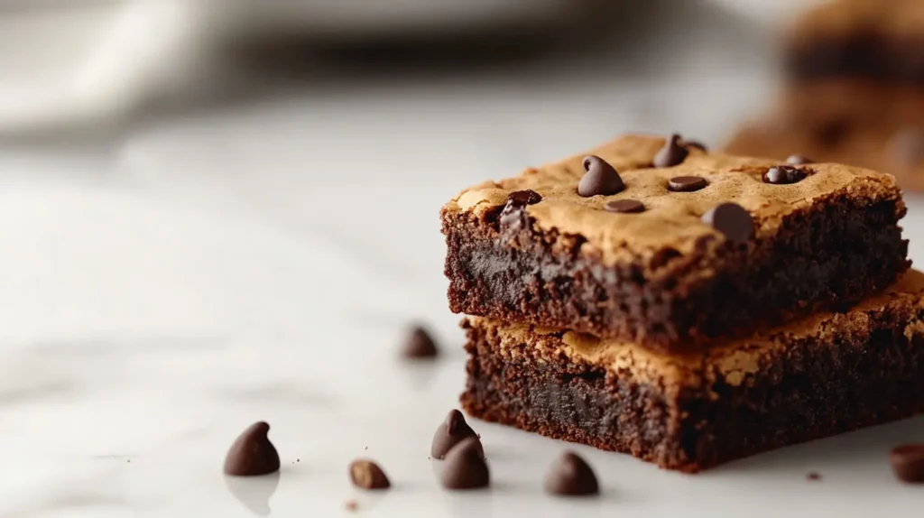 A freshly baked brookie sliced into squares, revealing distinct brownie and cookie layers.