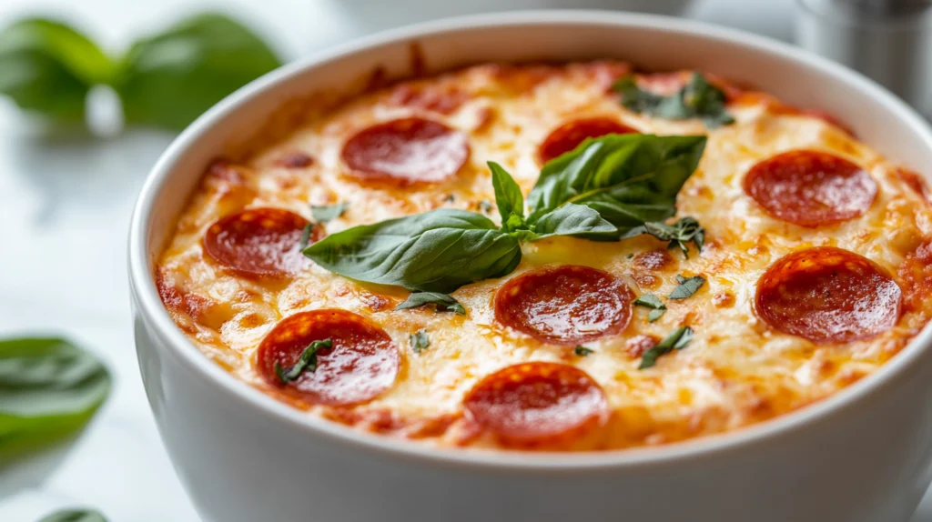 A warm bowl of creamy, cheesy pizza dip garnished with pepperoni slices and fresh basil leaves.