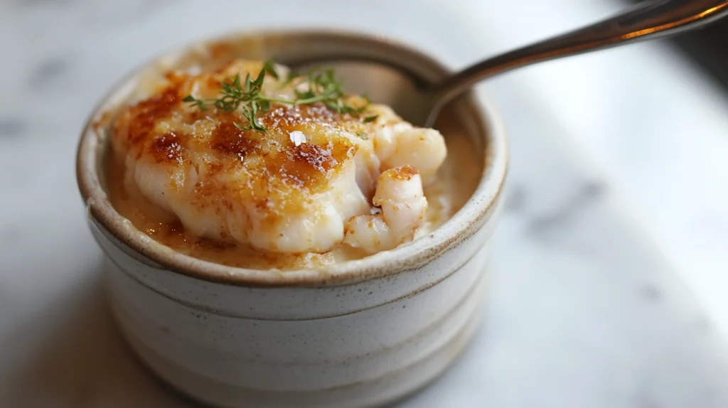 A small ramekin of creamy crab brulee with a caramelized sugar crust and a spoon breaking through.