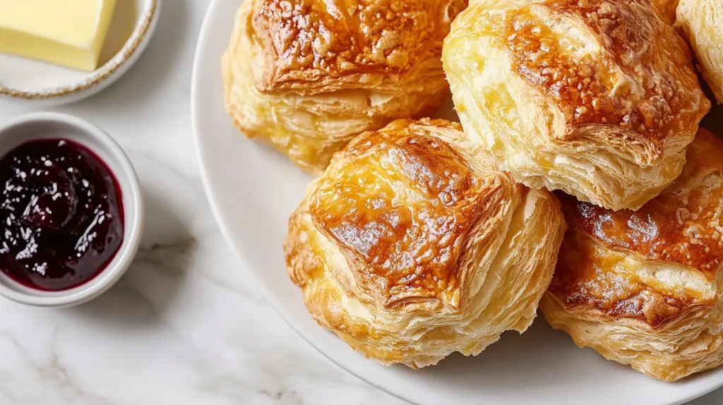 Freshly baked Swiss Gipfeli with butter and jam.