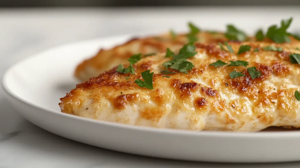 A plate of Longhorn Parmesan Crusted Chicken with a golden cheese crust.