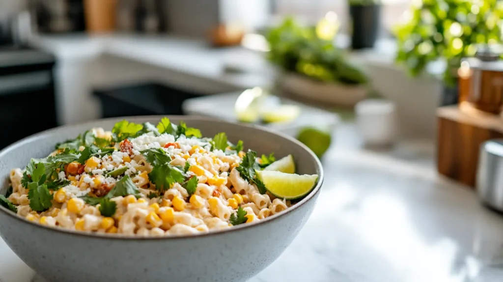 A large bowl of Mexican street corn pasta salad with cilantro and lime wedges on top.