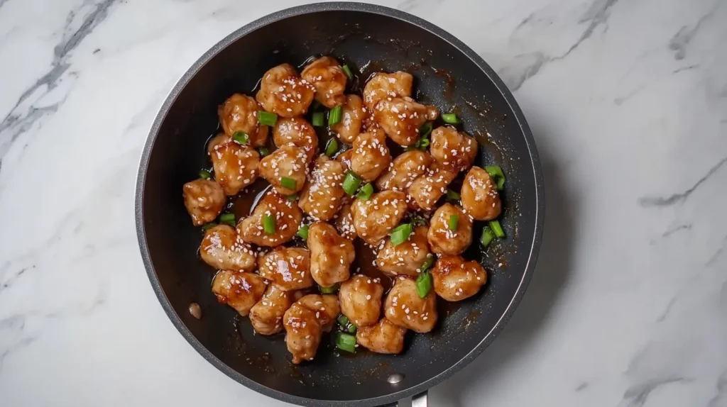 A skillet of crispy honey sesame chicken pieces garnished with sesame seeds and green onions.