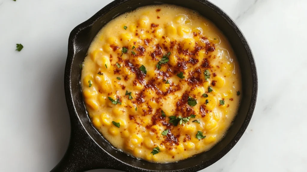 A cast-iron skillet filled with honey butter skillet corn, glistening and creamy.