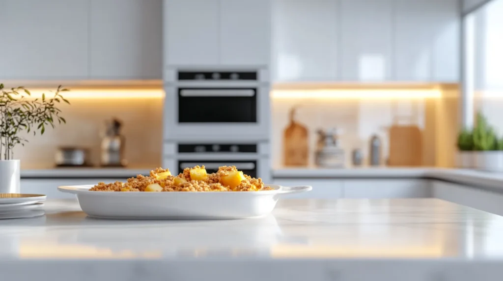 Close-up of a golden-brown pineapple casserole in a white baking dish.