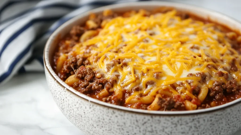 A comforting bowl of homemade beefaroni with melted cheese on top.