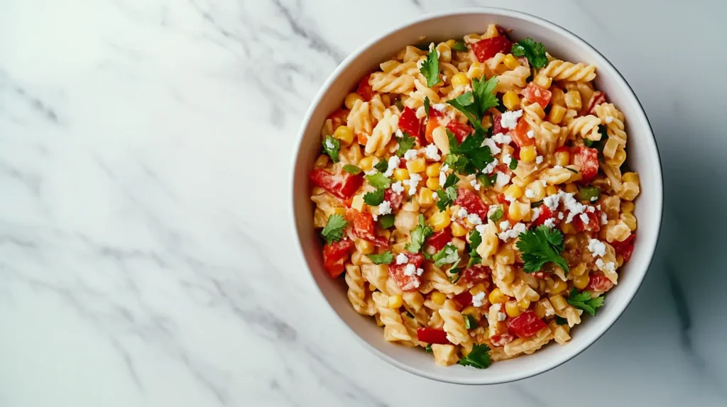 A big bowl of street corn pasta salad brimming with colorful peppers, corn kernels, and cheese.