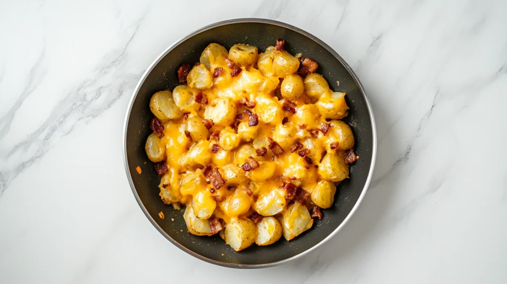 A steaming pan of Mississippi Mud Potatoes topped with crispy bacon bits and melted cheddar cheese.