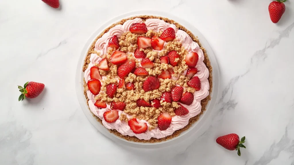 Cheesecake topped with fresh strawberry crunch in a farmhouse-style kitchen.