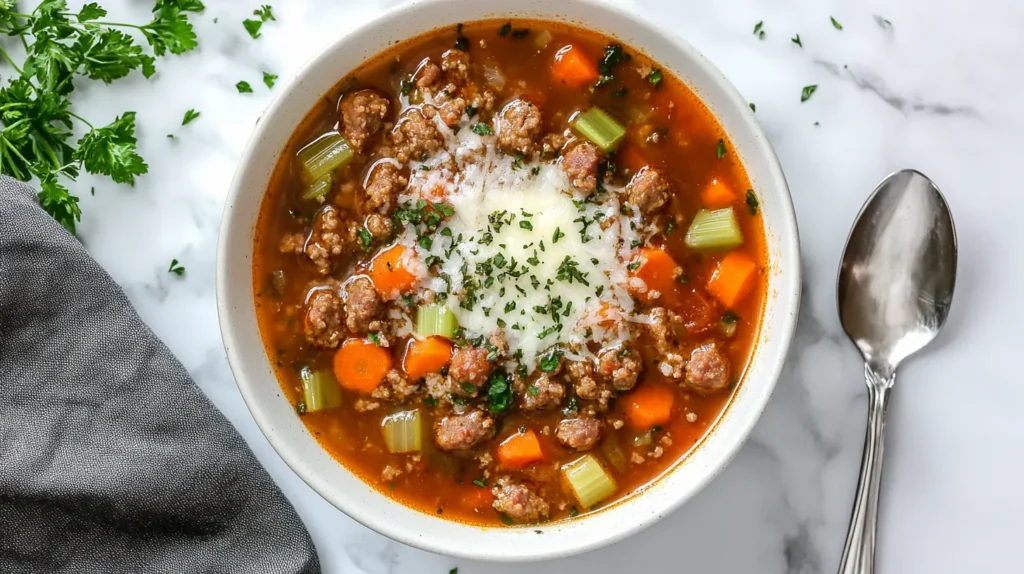 A steaming bowl of creamy Parmesan Italian sausage soup sprinkled with fresh herbs