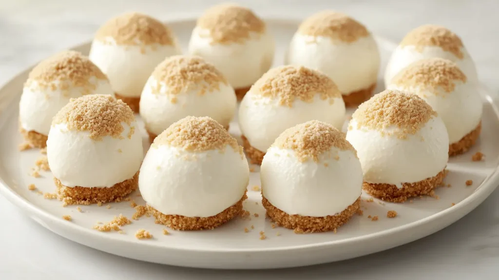 A plate piled high with bite-sized cheesecake balls dusted in graham crackers.