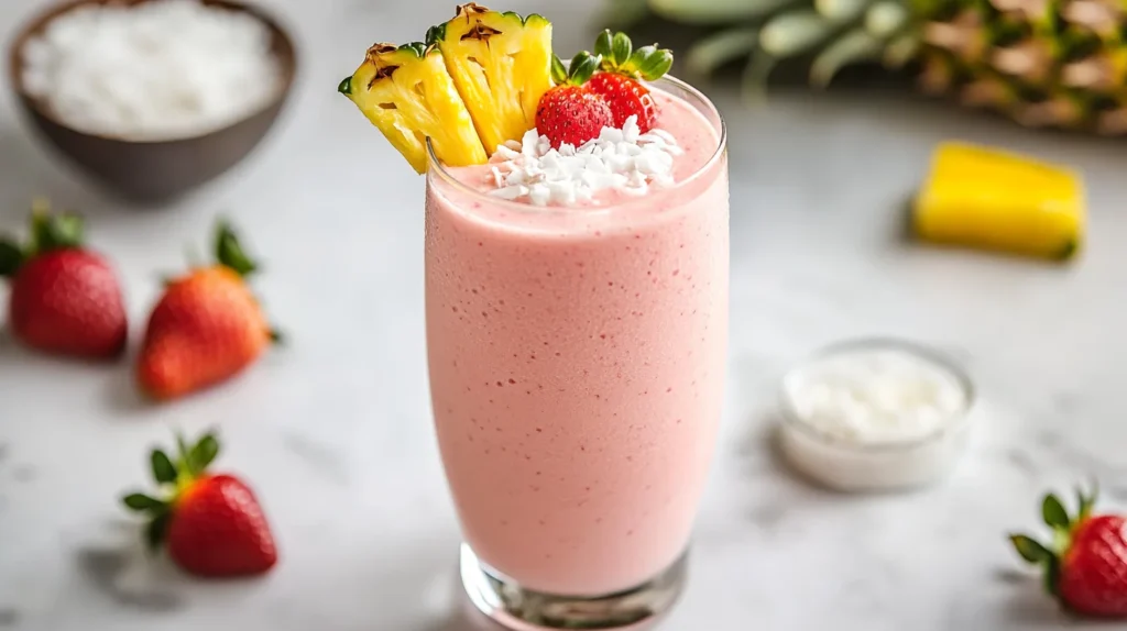 A homemade Bahama Mama smoothie in a tall glass garnished with fresh pineapple and strawberry slices.