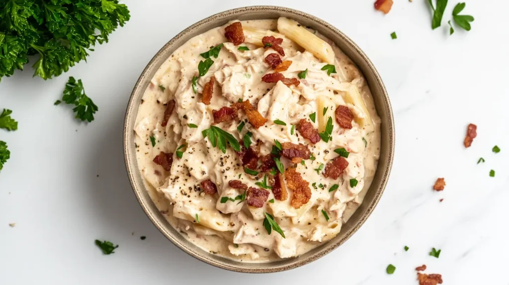 A creamy serving of crack chicken penne topped with crispy bacon and fresh parsley.