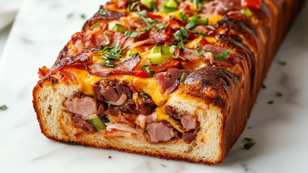 A sliced loaf of warm garbage bread filled with meats, cheeses, and vegetables.