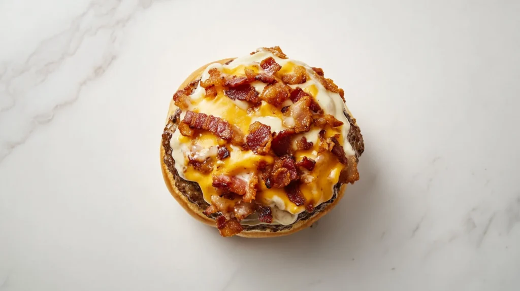 A grilled crack burger topped with cheddar, bacon, and ranch sauce on a toasted bun.