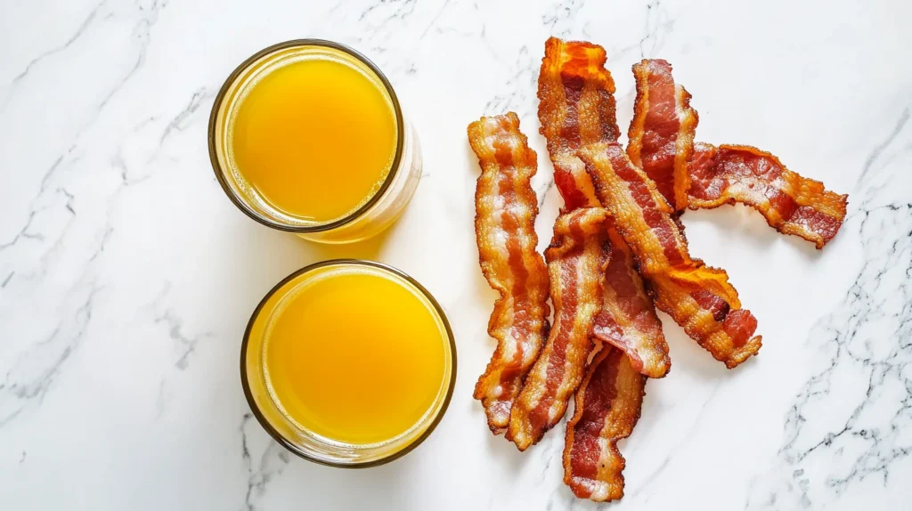 Two small glasses of a breakfast shot with bacon strips on the side.