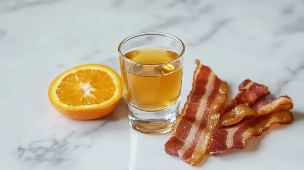 A small shot glass filled with a golden Irish Breakfast Shot, next to bacon strips and an orange slice.