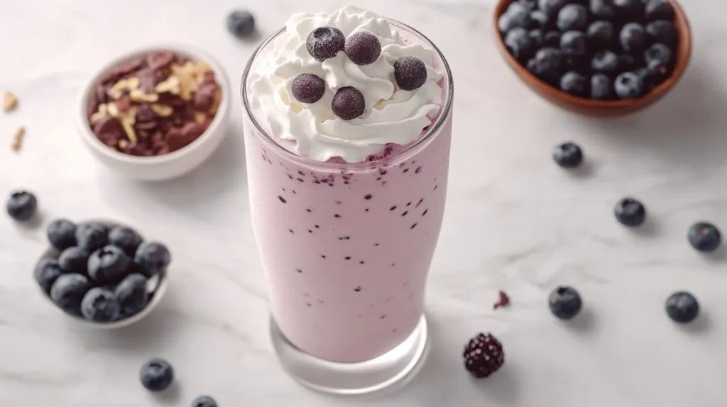 A tall glass of blueberry milkshake topped with whipped cream and fresh berries.