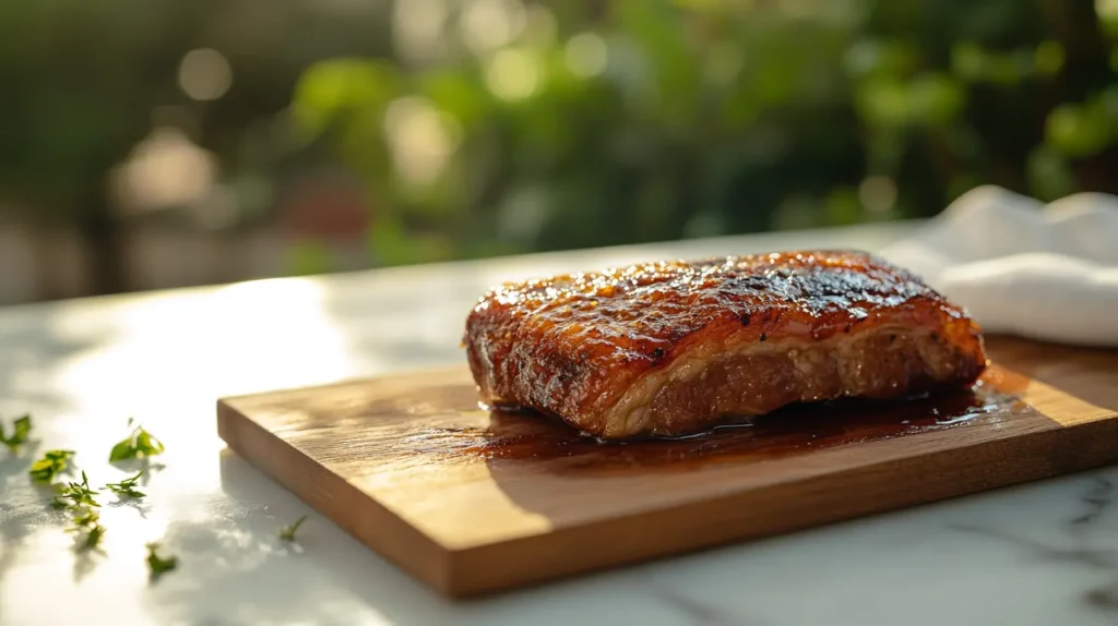 A perfectly smoked pork belly resting on a wooden board, juices glistening under the light.