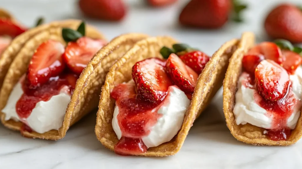 A plate of strawberry cheesecake tacos with creamy filling and fresh berries.