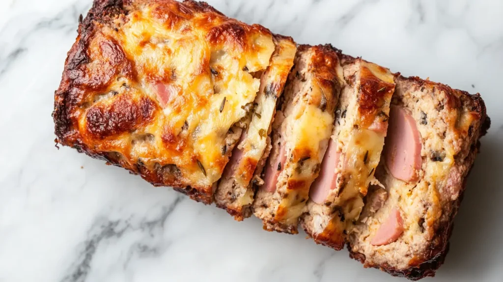 Sliced Chicken Cordon Bleu Meatloaf on a wooden cutting board with ham and cheese peeking out.