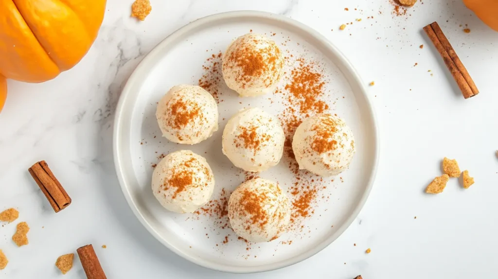 A plate of no bake pumpkin cheesecake balls garnished with cinnamon and crushed graham crackers.