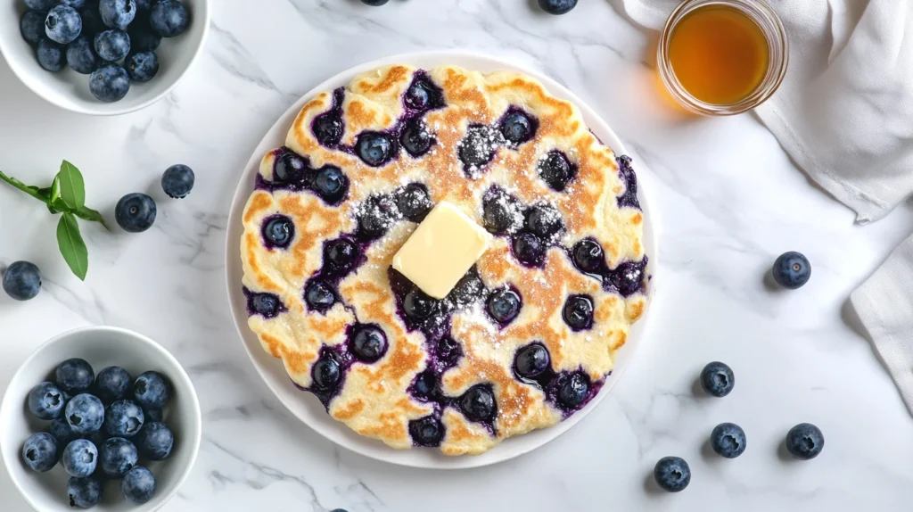 A platter of blueberry pancakes topped with fresh blueberries and a pat of butter.