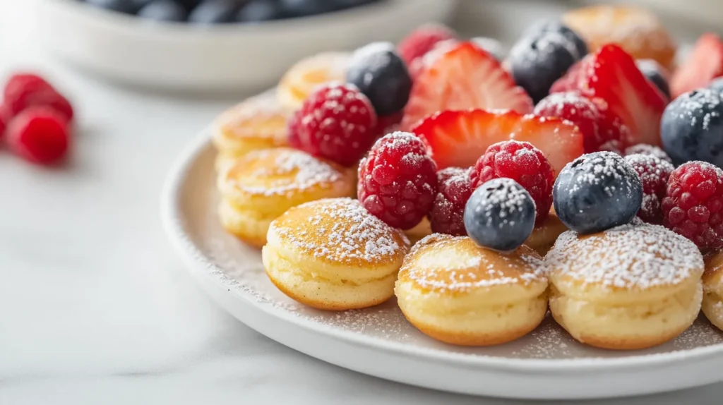 A plate of mini pancakes topped with fresh berries and a dusting of powdered sugar.