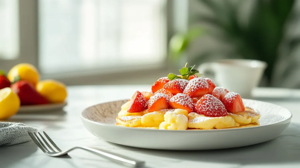 A plate of scrambled pancakes topped with fresh strawberries and powdered sugar.