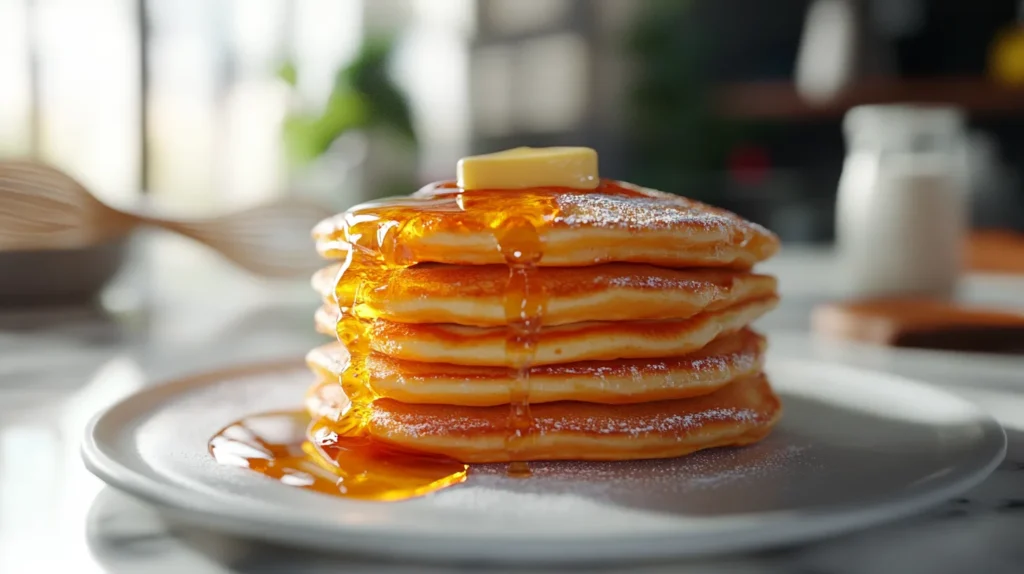 Stack of golden Cracker Barrel pancakes drizzled with syrup and topped with butter.