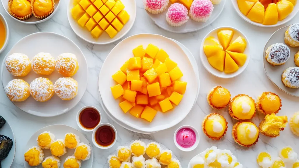 An array of colorful Asian desserts, including mochi, mango sticky rice, and egg tarts