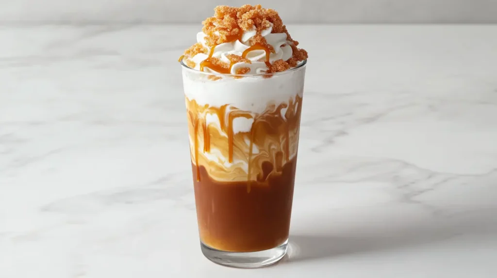 A tall glass of homemade Caramel Ribbon Crunch Frappuccino® topped with whipped cream and caramel drizzle.