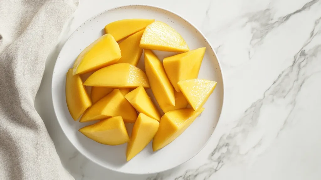 Ripe mango slices arranged on a plate ready for dessert.