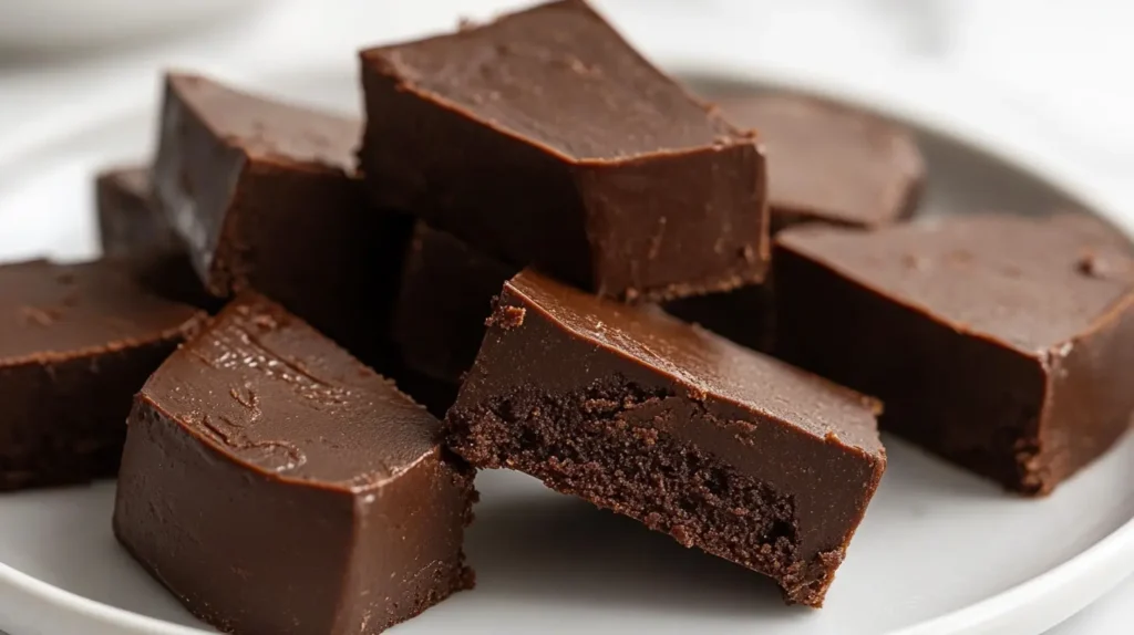 A plate of gluten-free chocolate cake slices served on a bright table.