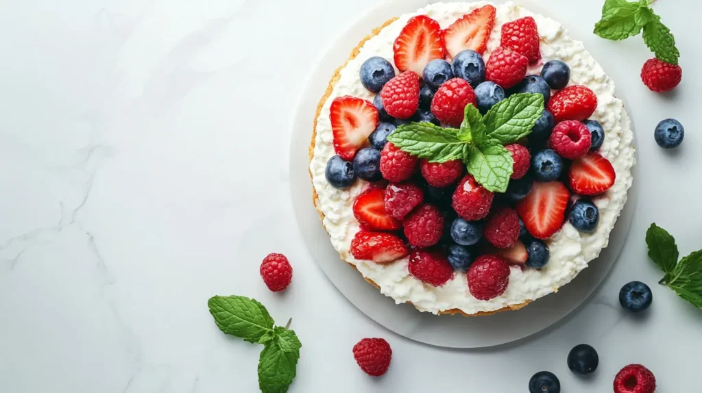 A creamy cottage cheese dessert topped with fresh berries and mint.