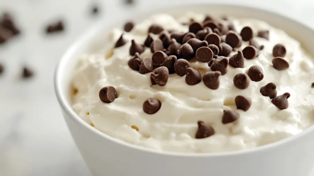 A creamy dessert dip topped with chocolate chips in a white bowl.