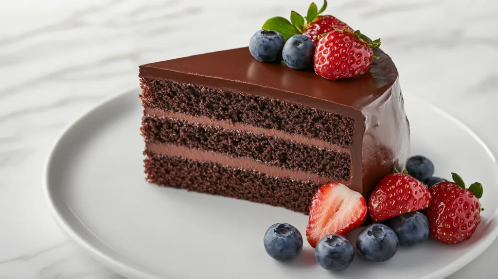 A luscious slice of chocolate cake with fresh berries