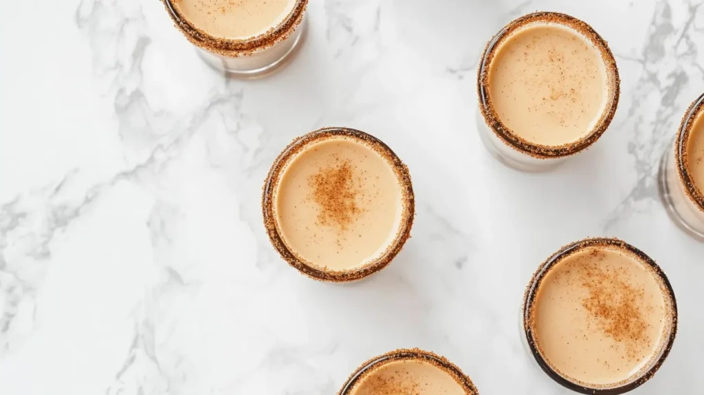 A set of Cinnamon Toast Crunch Shots with a cinnamon sugar rim on a wooden tray.