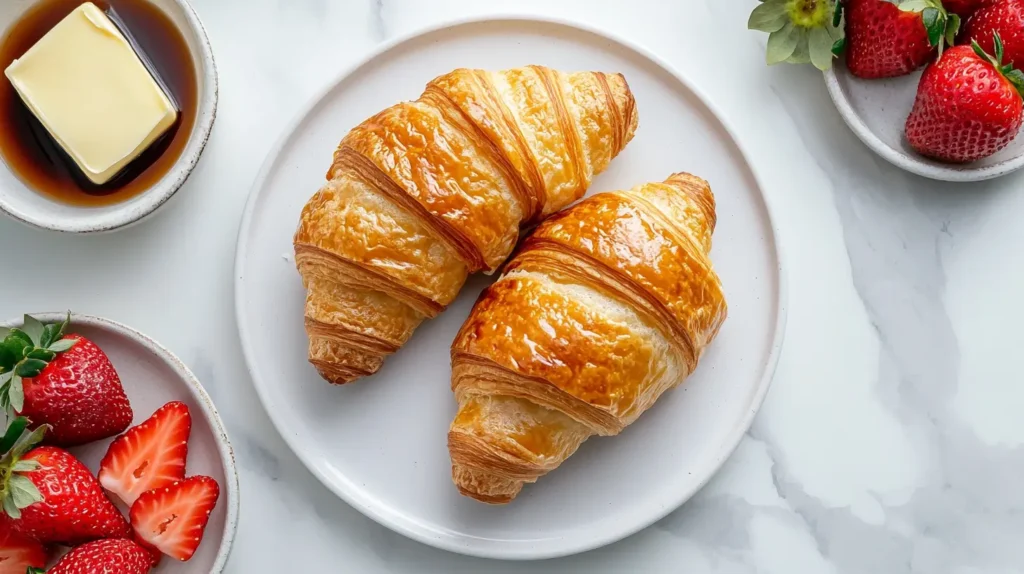 Stack of golden-brown croissant toast on a plate.