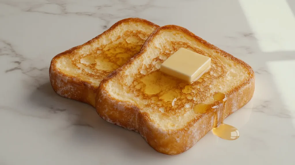 Two slices of freshly made sourdough French toast with butter and syrup dripping on top.