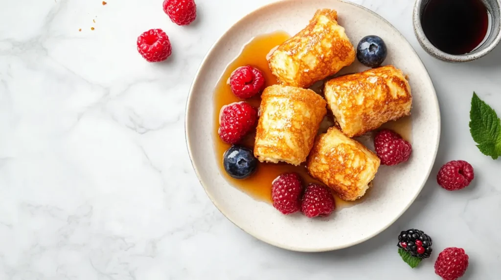 Golden-brown Hawaiian Roll French Toast served with fresh berries and a drizzle of maple syrup.