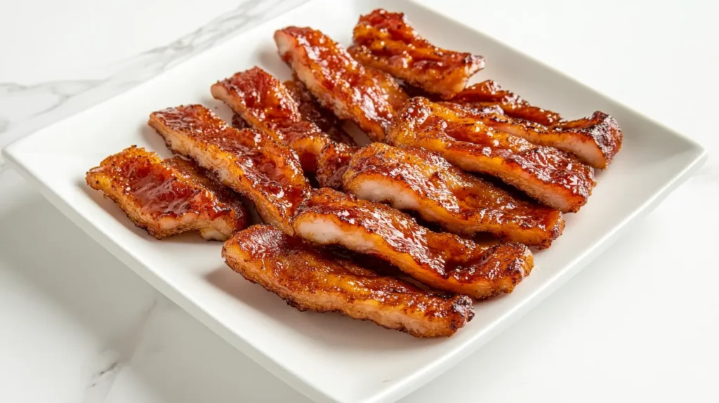 Crispy maple bacon slices arranged on a white plate.