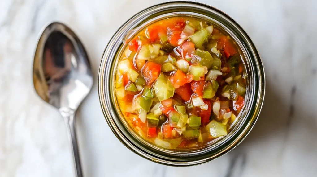 A jar of homemade chow chow relish with a spoon.